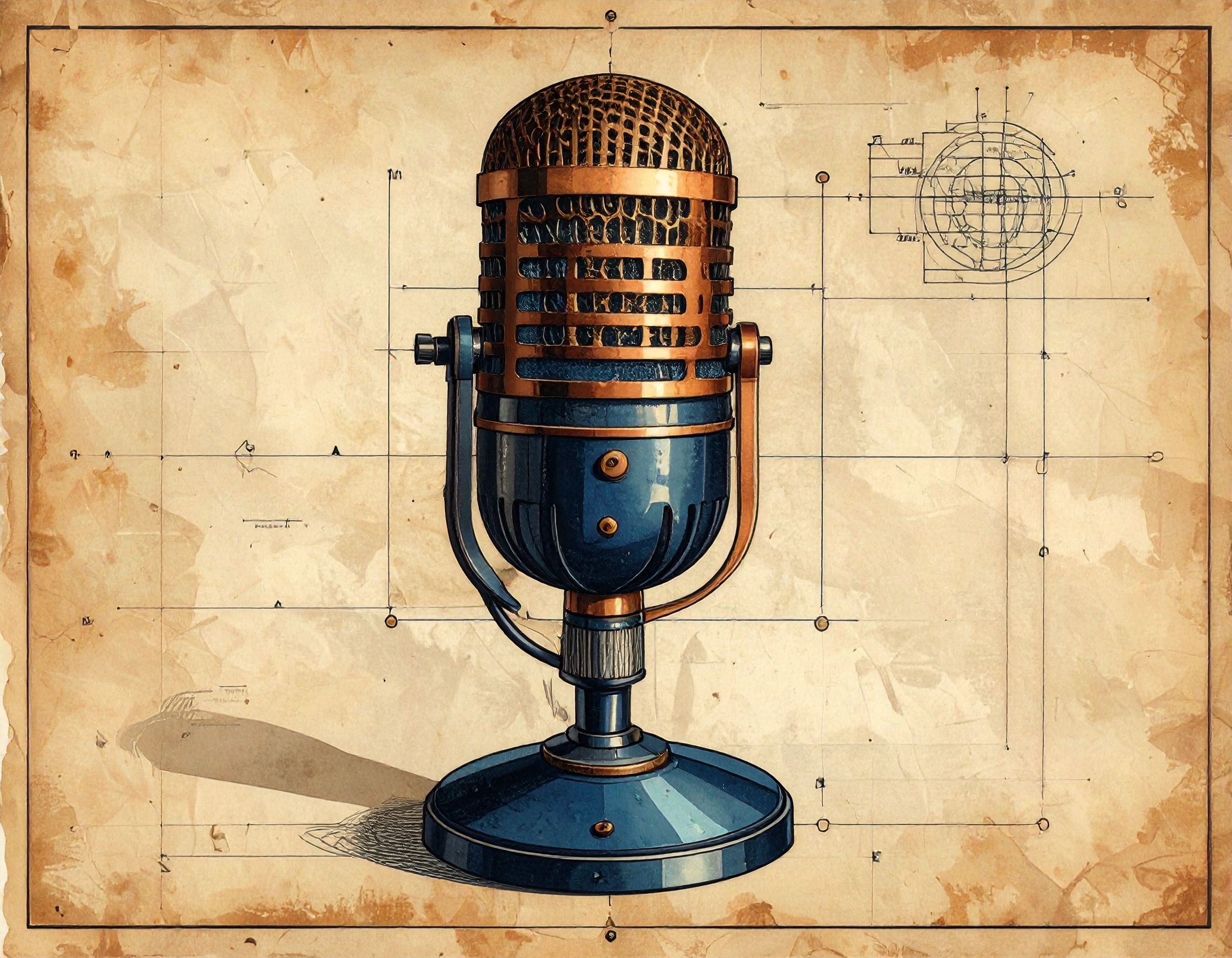 Technical patent illustration of a vintage 1930s broadcast microphone showing internal diaphragm and copper grille details