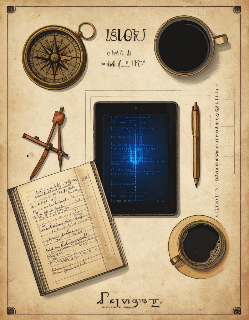 First-person view vintage patent illustration on parchment, showing an inventor's desk with a brass drafting compass, handwritten logbook, and a glowing digital data tablet.