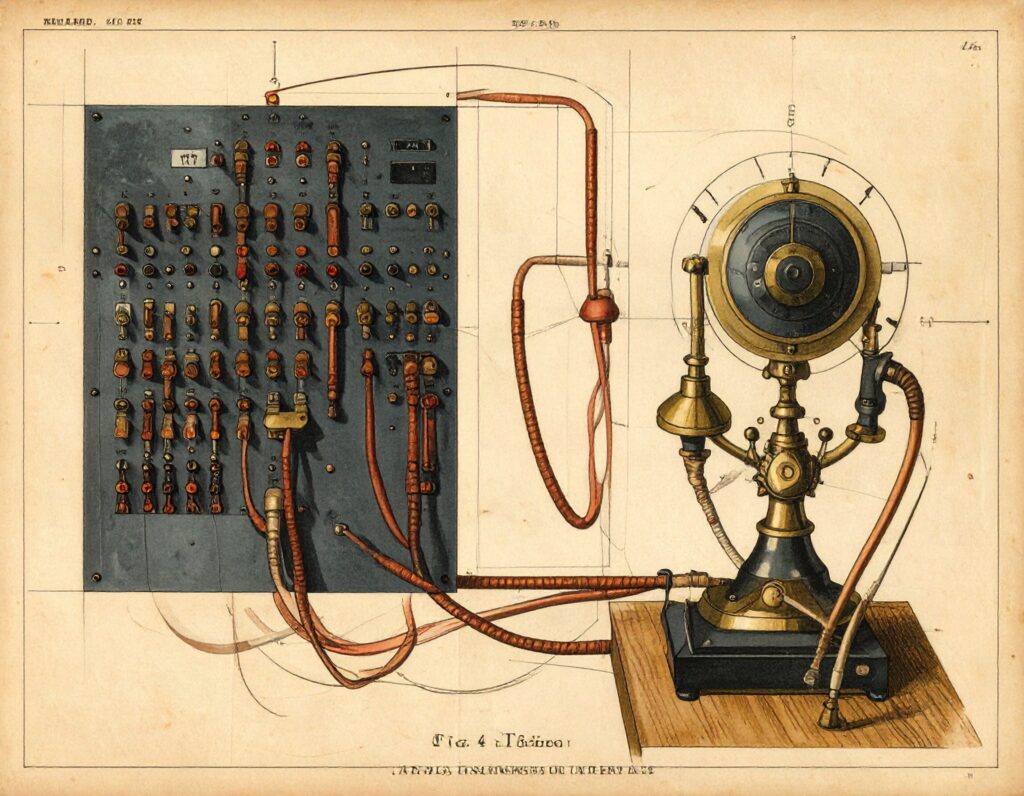 Vintage patent illustration of a hybrid communication station, featuring a brass telegraph key connected to a manual patch-cable switchboard with copper wiring.