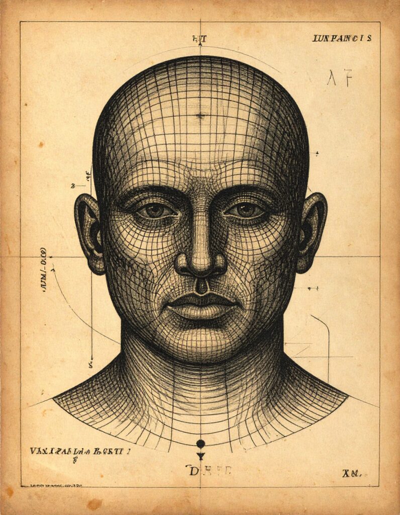 Vintage patent illustration of a human head profile rendered as a technical wireframe grid with gears and data lines. Standard placeholder for wAI personnel.