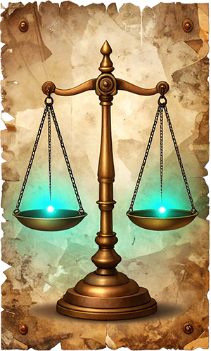 Vintage brass balance scale with glowing teal energy on the weighing pans, representing objective empirical analysis.