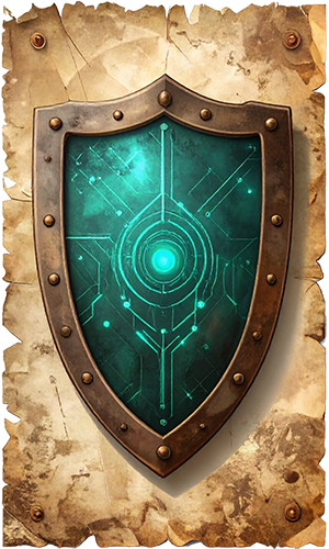 Heavy vintage iron shield with an embossed glowing teal circuit pattern, representing AI safety protocols and human safeguards.