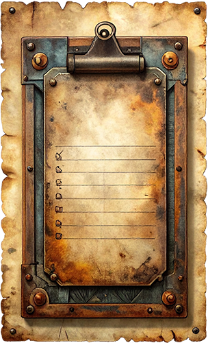 Heavy brass engineer's clipboard holding a worn parchment checklist with items checked off, representing Standard Operating Procedures.
