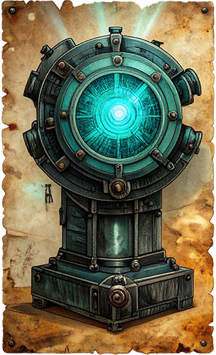 Vintage cast-iron film projector emitting a teal holographic light beam from its lens, representing Computer-Based Training modules.