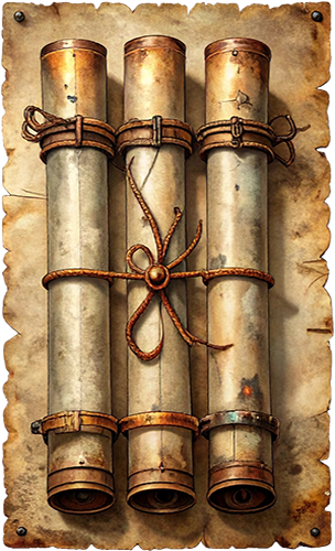 Three rolled parchment technical scrolls tied together with copper wire, representing architectural system blueprints.