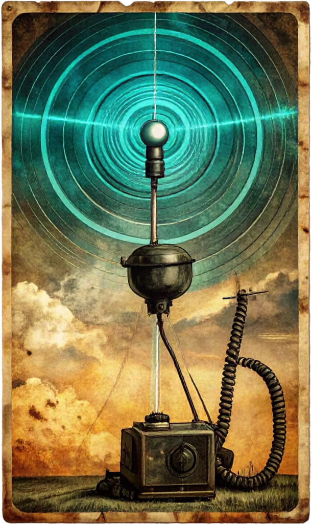 Rugged vintage military field telephone with a glowing teal data cable, representing direct technical support.