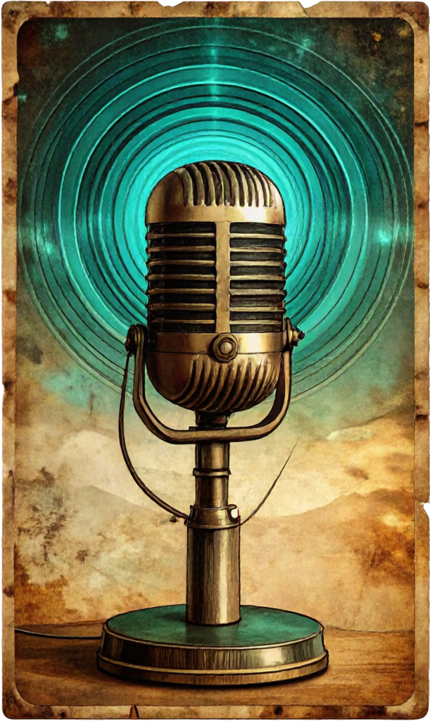 Vintage RCA-style broadcast microphone with glowing teal sound waves, representing general communication channels.
