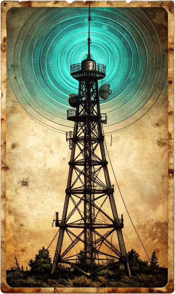 Tall vintage steel radio antenna tower emitting concentric teal radio waves, representing strategic partnerships.