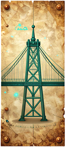 Vintage technical drawing of a suspension bridge tower with teal data nodes, symbolizing the stability and connection provided by solid automation architecture.