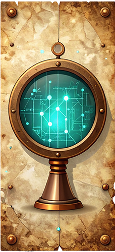 Vintage patent illustration of an optical lens revealing a glowing teal data grid, symbolizing the transformation of chaotic noise into clear, actionable intelligence.