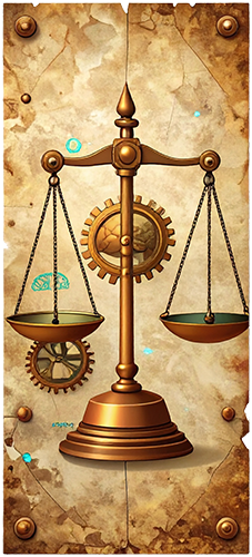 Vintage patent illustration of a brass balance scale with integrated gears and glowing teal digital energy, representing the equilibrium between human intuition and machine logic.
