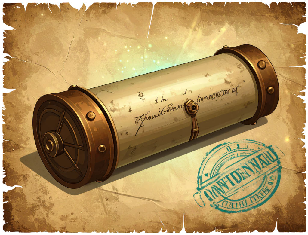 Vintage brass-capped document canister sitting on aged parchment, stamped with a glowing teal "CONFIDENTIAL" seal.