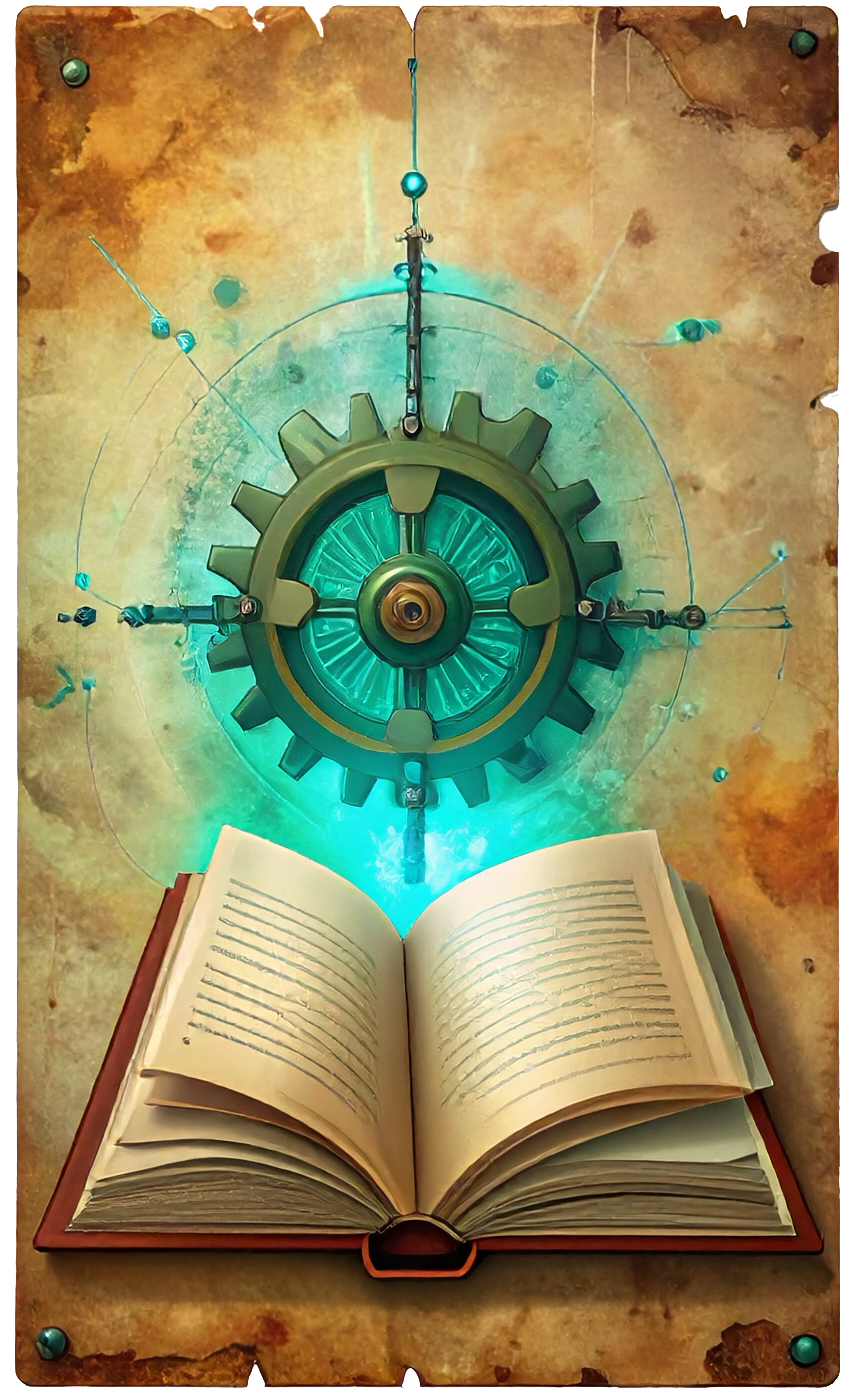 Vintage patent illustration of an open technical field manual with a copper gear and a holographic teal schematic projection rising from the pages.