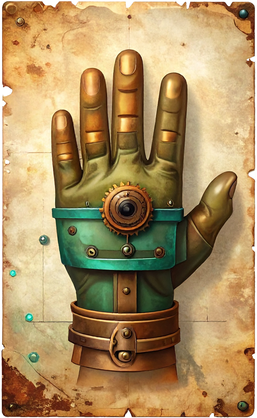 Vintage patent illustration of a pilot's armored gloved hand gripping a control interface, with pulsing teal energy emanating from the mechanism.