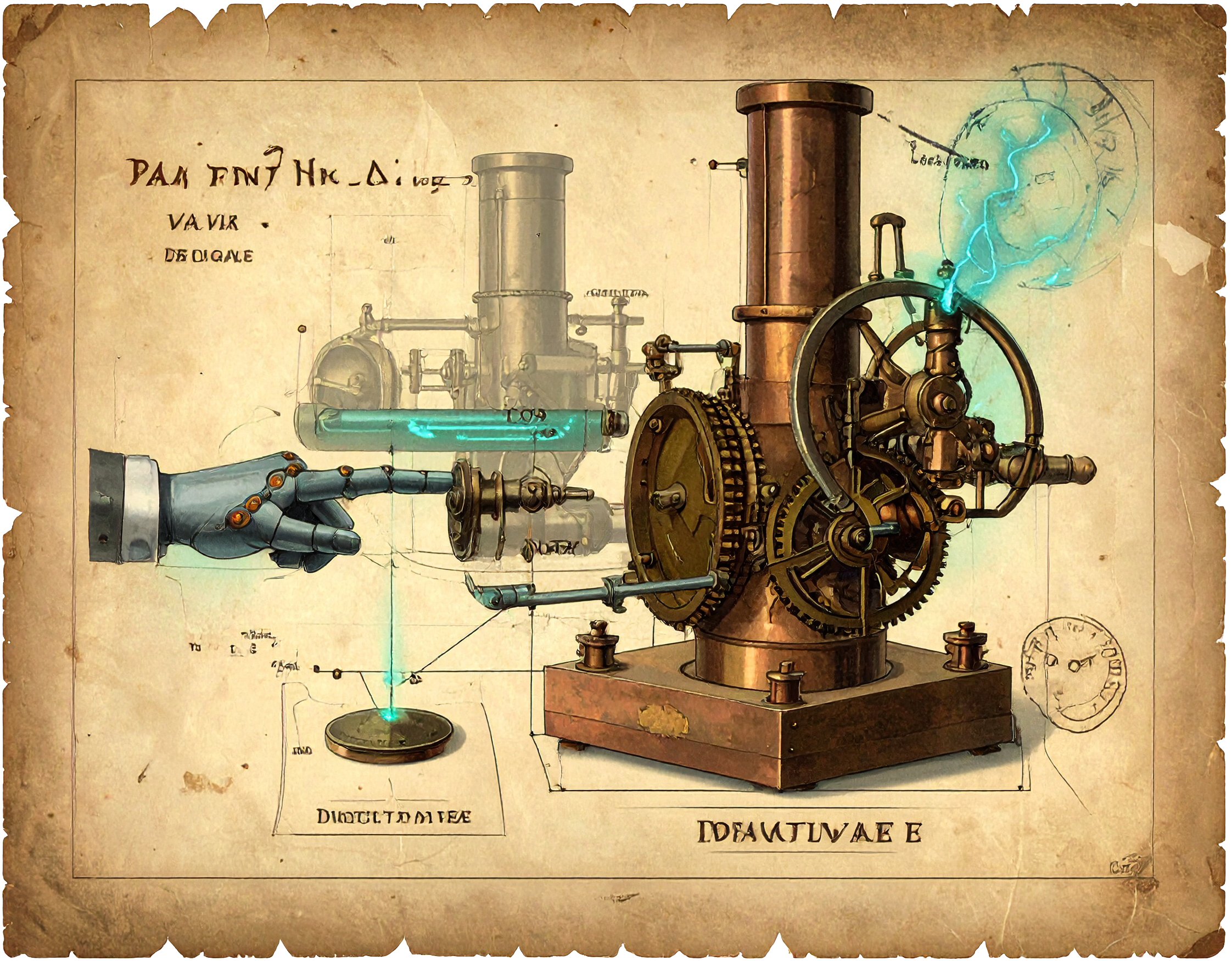Vintage patent drawing of a complex brass machine featuring a mechanical hand extending to press a button on its own base, labeled as a self-cancellation device.