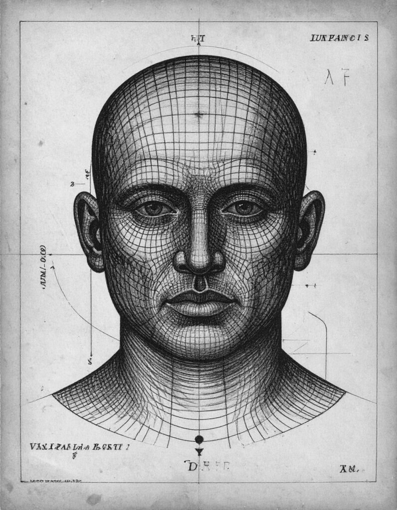 Vintage patent illustration of a human head profile rendered as a technical wireframe grid with gears and data lines. Standard greyscale placeholder for wAI personnel.