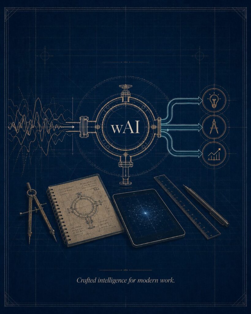 Blueprint-style wAI illustration with a central valve-like mechanism, drafting elements, and the tagline “Crafted intelligence for modern work.”