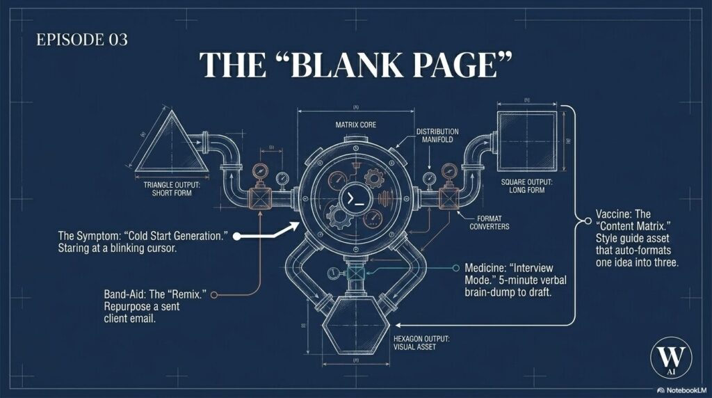 Episode 03 Blank Page Graphic Episode 03 blueprint graphic for Blank Page about content creation, idea development, and reducing cold-start friction with AI