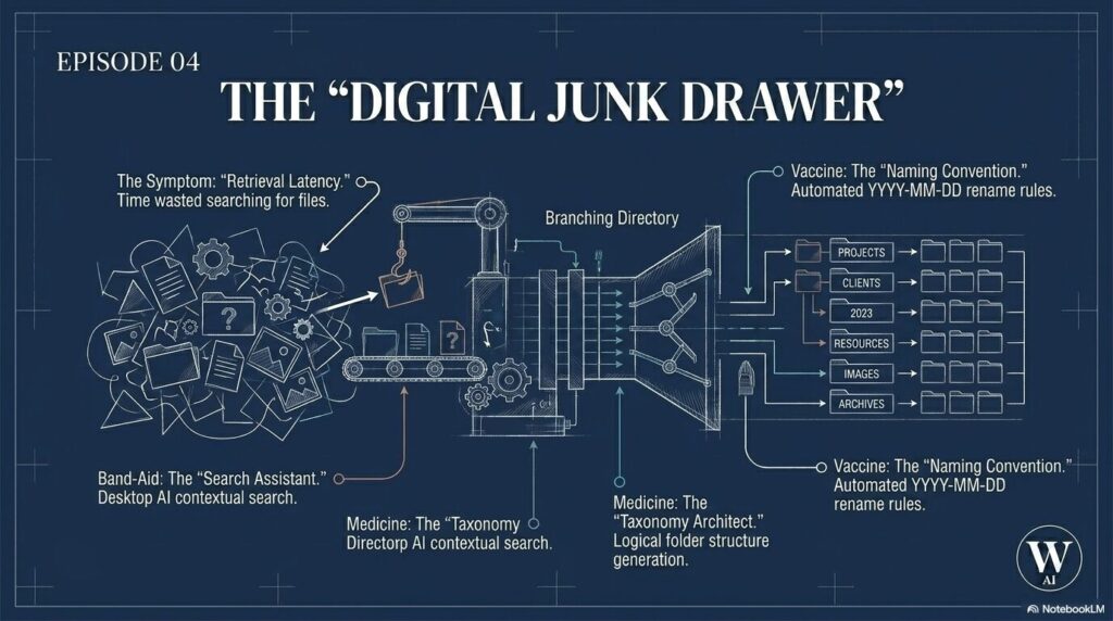 Episode 04 Digital Junk Drawer Graphic Episode 04 blueprint graphic for Digital Junk Drawer about file organization, search, and naming conventions for micro businesses