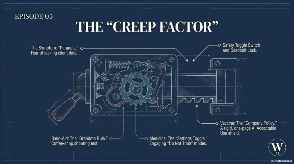 Episode 05 Creep Factor Graphic Episode 05 blueprint graphic for Creep Factor about AI safety, privacy, and responsible use for micro businesses
